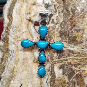 Handmade Southwest Sterling Silver Turquoise Cross Pendant Unisex Statement